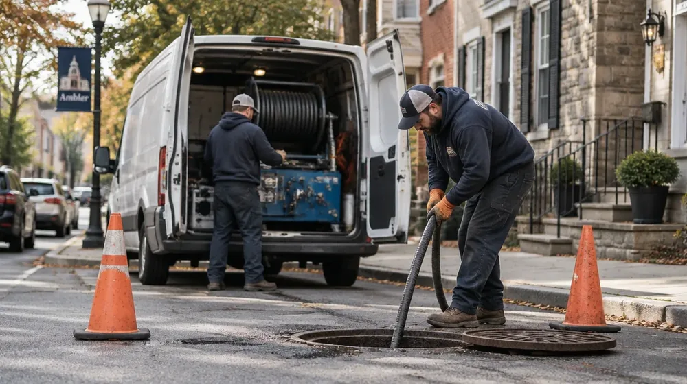 Service van on a residential street in Ambler, Pennsylvania