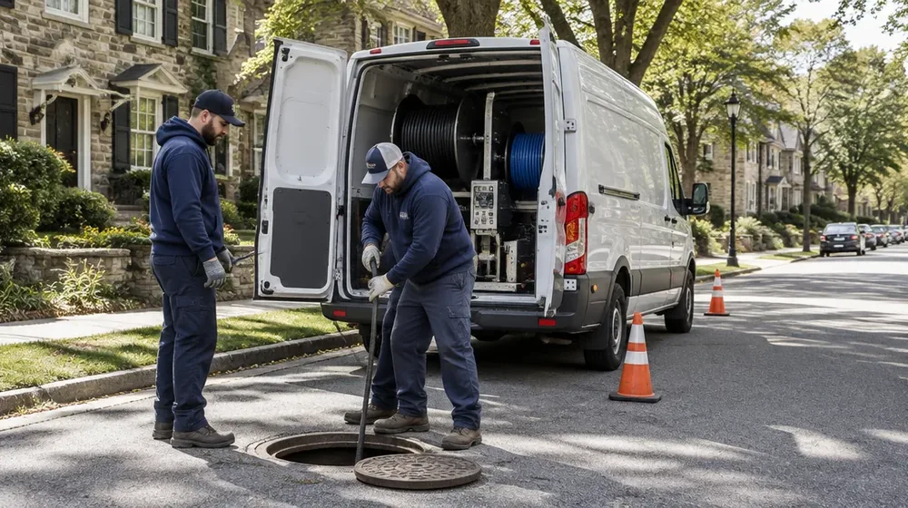 Service van on a residential street in Bala Cynwyd, Pennsylvania