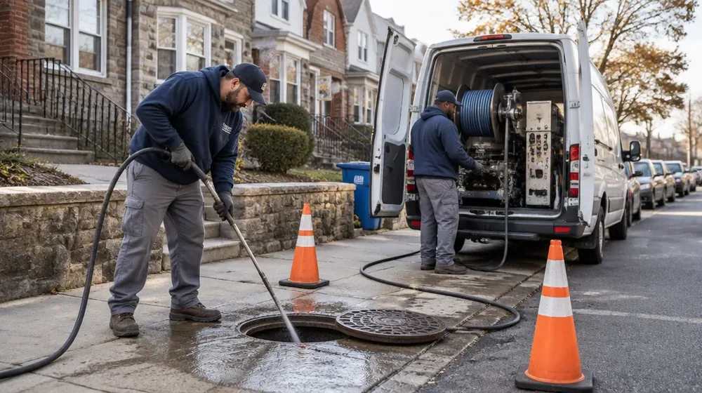 Service van on a residential street in Drexel Hill, Pennsylvania