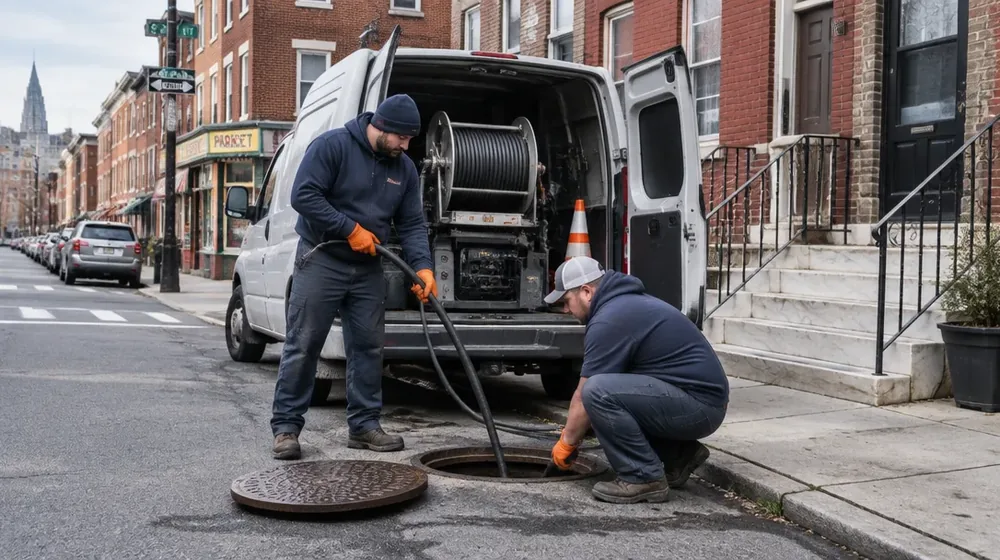 Service van on a residential street in Philadelphia, Pennsylvania