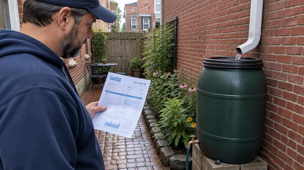 Philadelphia water bill with the stormwater line beside a downspout draining to a rain barrel