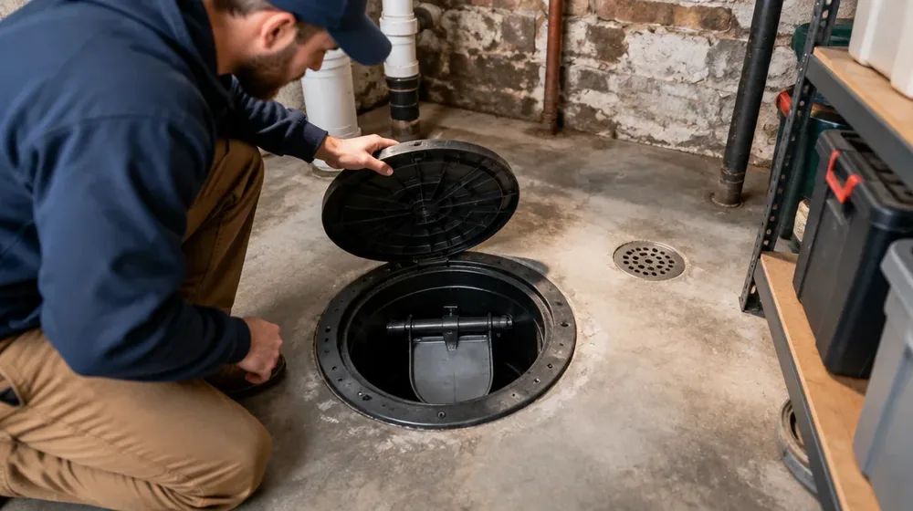 Open backwater valve chamber beside a Philadelphia basement floor drain