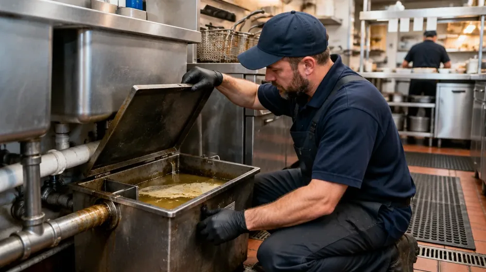 Technician servicing an under-sink grease trap in a Philadelphia restaurant