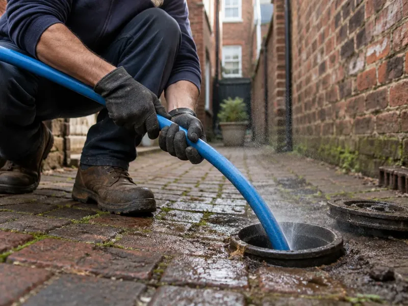 Hydro jetter hose feeding into a sewer cleanout in a narrow Philadelphia rear yard