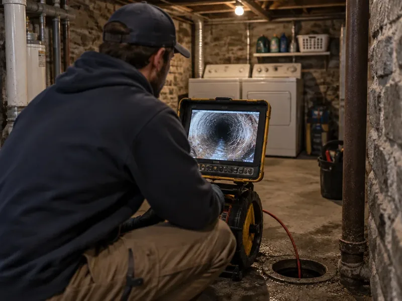 Technician reviewing sewer camera footage on a monitor beside a basement cleanout