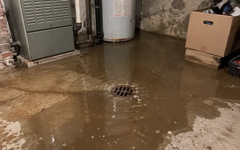 Water pooling around a basement floor drain during a main line sewer backup