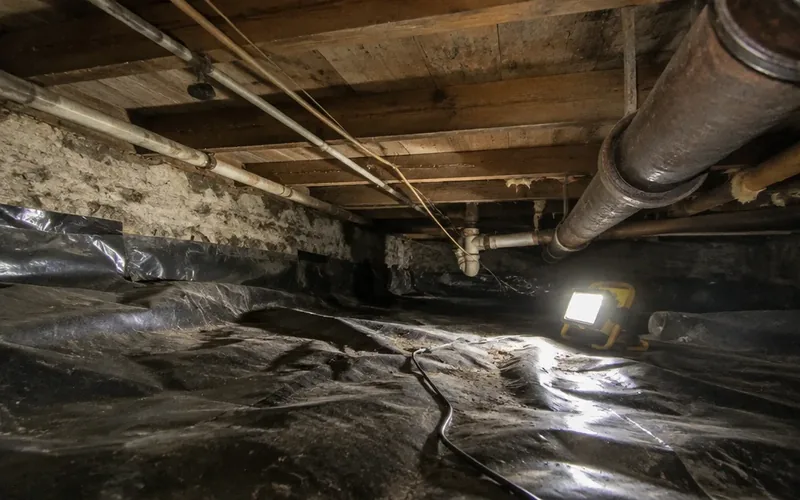 New vapour barrier laid across damp soil in a crawlspace beneath a Philadelphia home