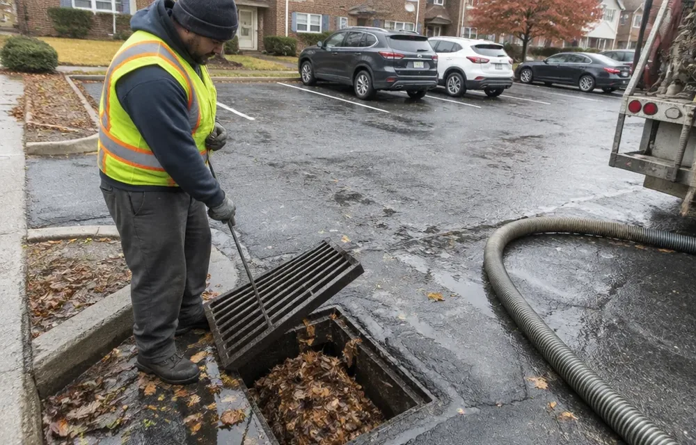 Technician vacuuming leaves from a catch basin in a suburban condo parking lot