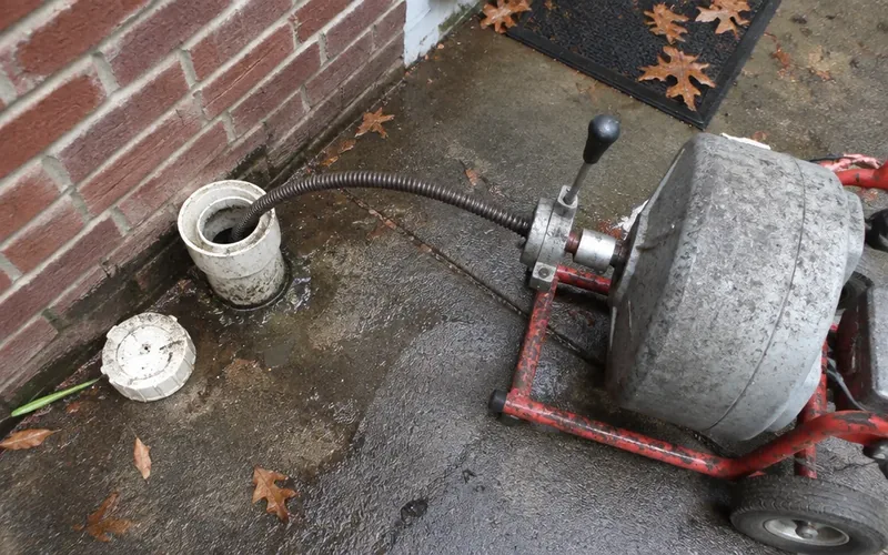 Open main line sewer cleanout beside a brick rowhouse with a cable machine alongside