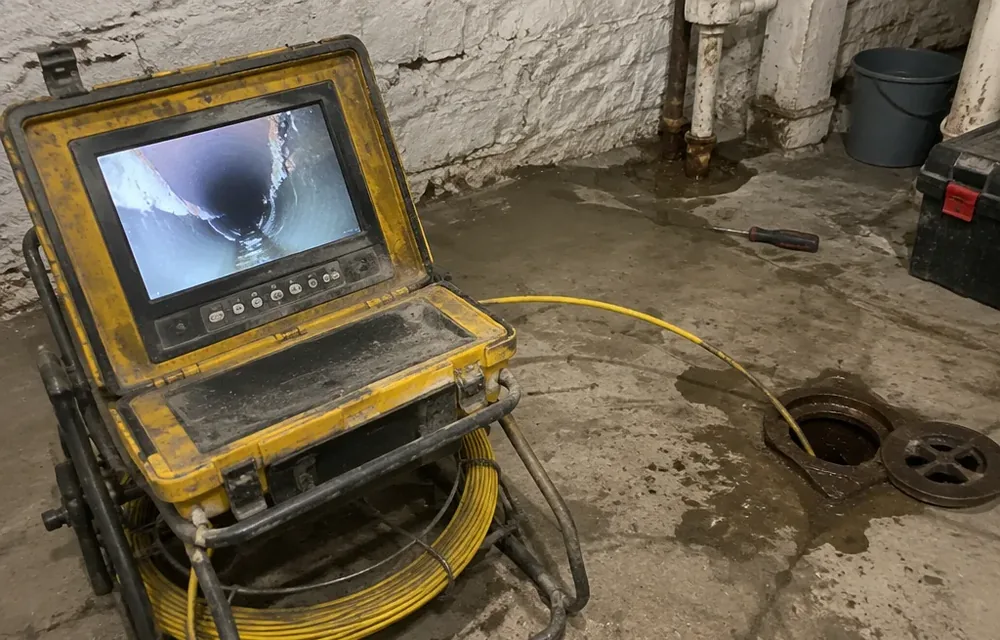 Sewer inspection camera reel and monitor set up beside a Philadelphia basement cleanout