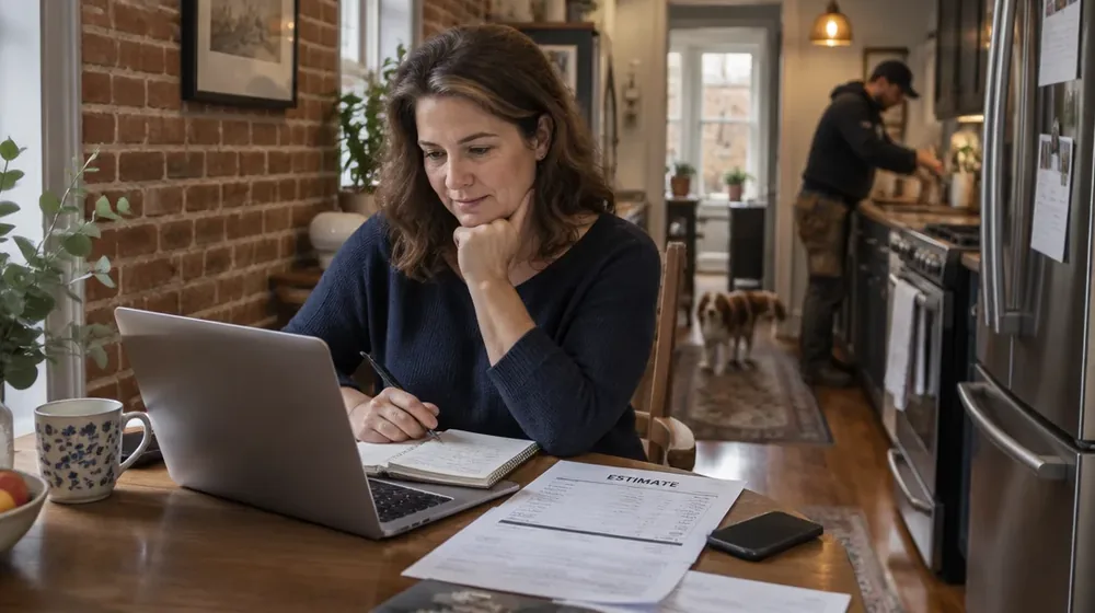 Homeowner comparing drain repair estimates on a laptop at a rowhouse kitchen table